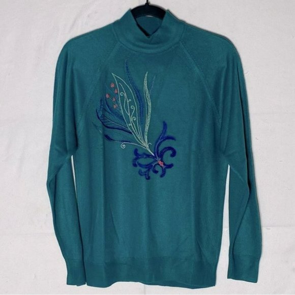 VINTAGE St Michael Green Embroidered Mock  Neck Sweater M - Picture 11 of 11